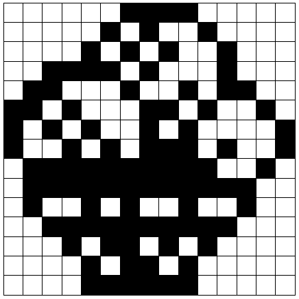 A solved Fill-a-Pix puzzle; a grid with some black colored cells which lead to a pixelart image